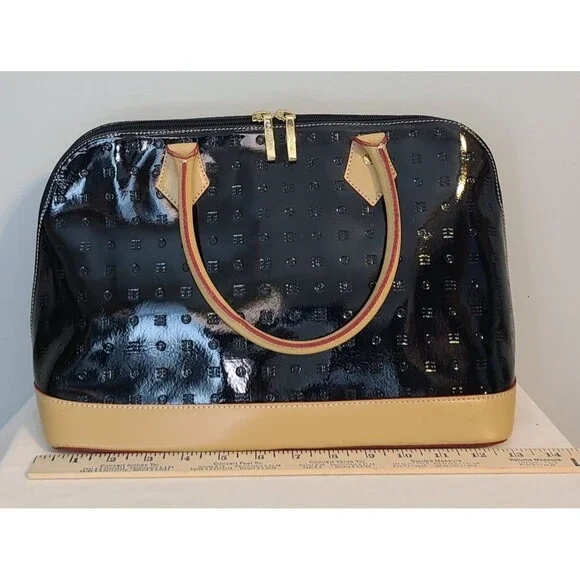 Arcadia Italian Bugatti Black Patent Leather Satchel Dome Handbag Tan & Red Trim - Picture 11 of 12